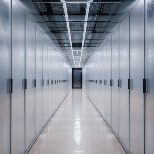 Data center corridor with secure infrastructure lights, no people